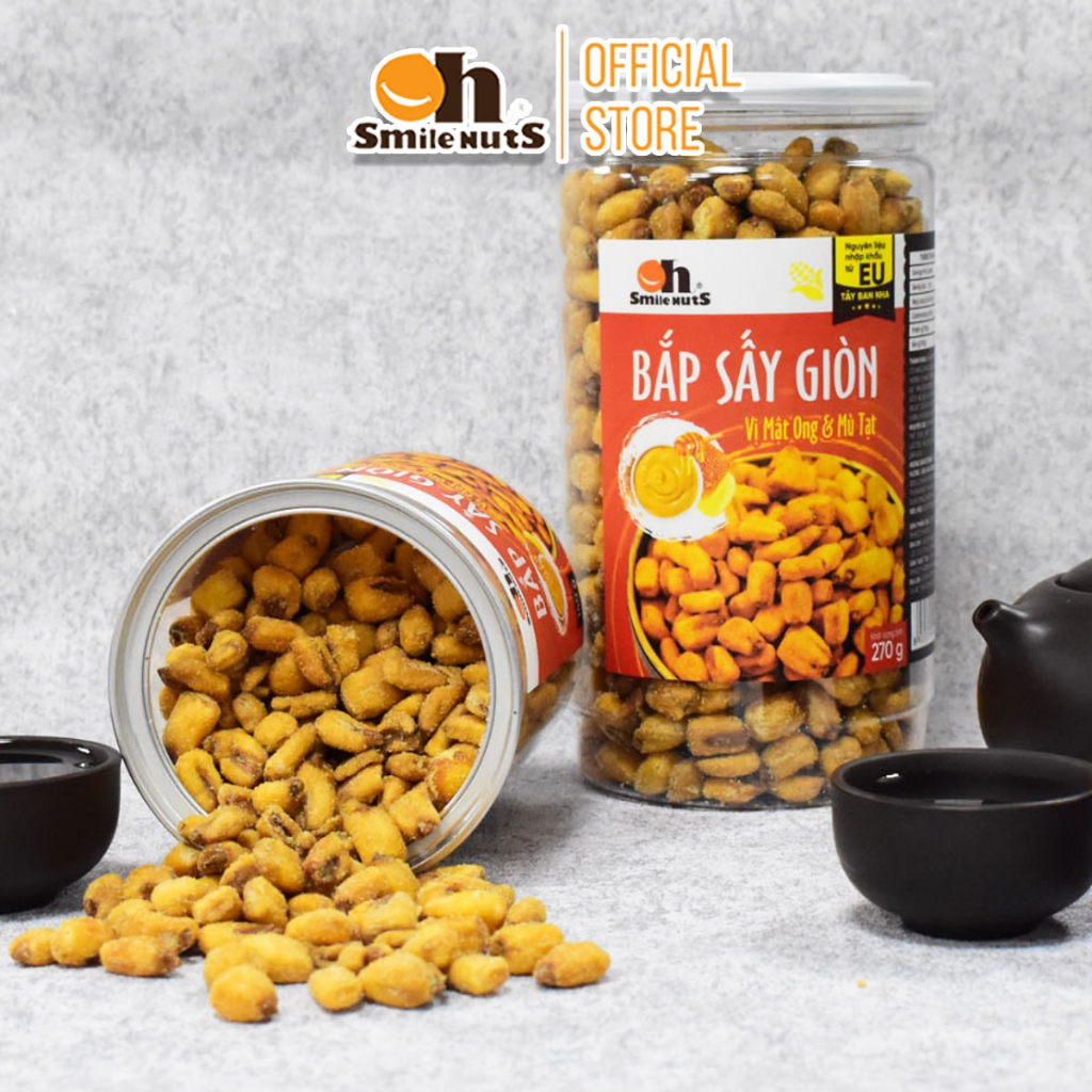 Bắp Sấy Giòn Smilenuts vị mật ong & mù tạt, vị muối tiêu chanh, vị tương cà hộp 140gr/270gr - giòn rụm, ăn vặt