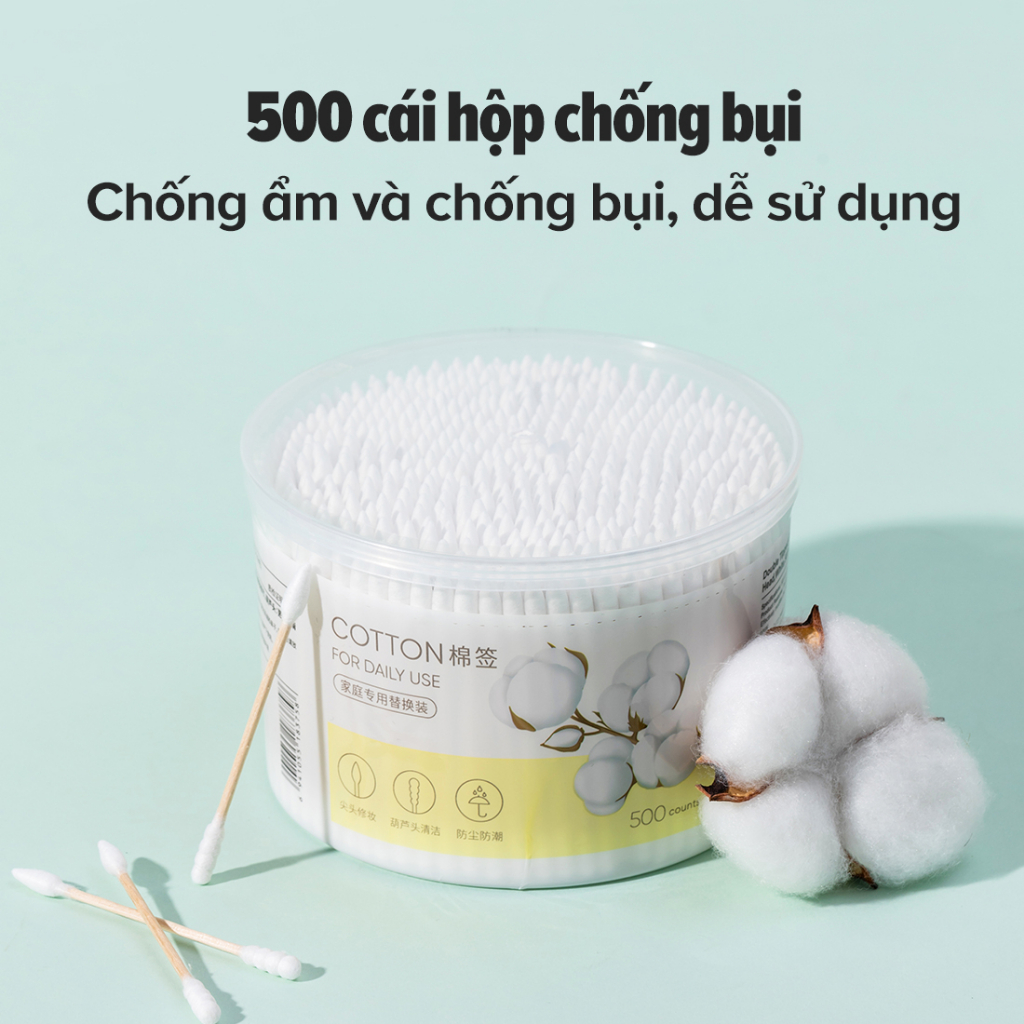 Tăm bông đóng hộp Miniso 500 que đầu đôi nhiều công dụng