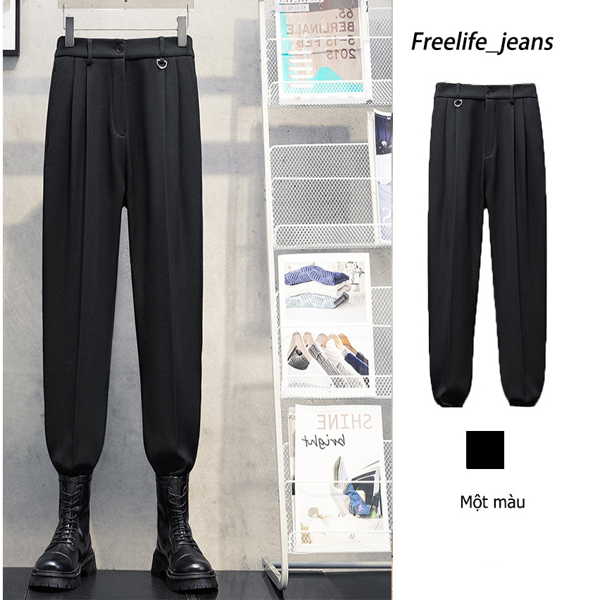 Quần Baggy dáng suông rộng nam nữ,Quần ống rộng suông quần tây unisex lưng cao bigsize màu đen