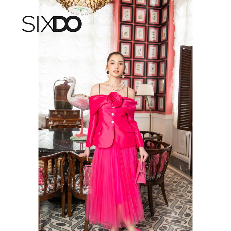 Áo vest nữ trễ vai dài tay phối hoa ngực thời trang SIXDO (Off-shoulder Taffeta Vest)