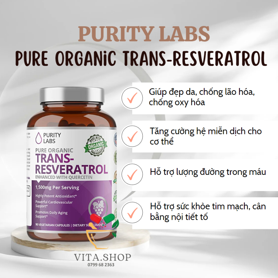 Purity Labs Pure Organic Trans-Resveratrol 1500mg viên uống hỗ trợ nội tiết tố,tim mạch,chống lão hóa 90 viên