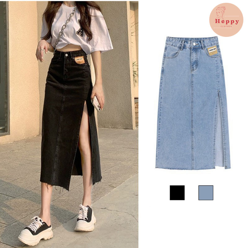 Chân váy denim lưng cao xẻ tà quyến rũ Heppy _cvjeanxe