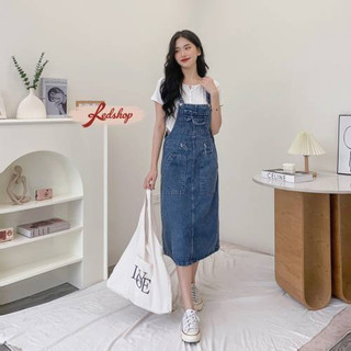 Váy yếm jeans nữ dáng dài màu xanh phối túi trước dễ thương (30088) - Red Shop