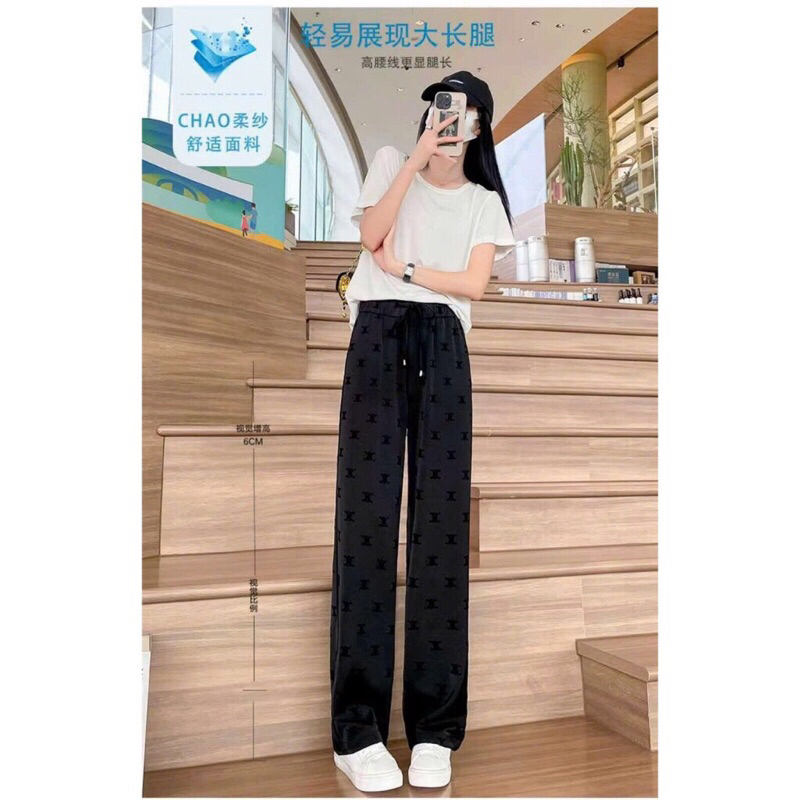 Quần ống suông rộng lụa lưng chun hình thêu nổi, chất liệu vải nhưng mềm mã Q009