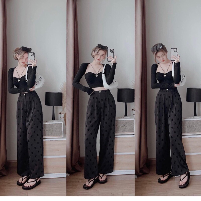 Quần ống suông rộng lụa lưng chun hình thêu nổi, chất liệu vải nhưng mềm mã Q009