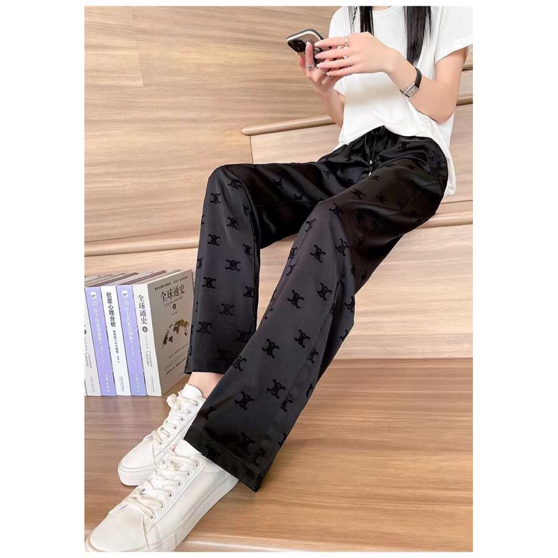 Quần ống suông rộng lụa lưng chun hình thêu nổi, chất liệu vải nhưng mềm mã Q009