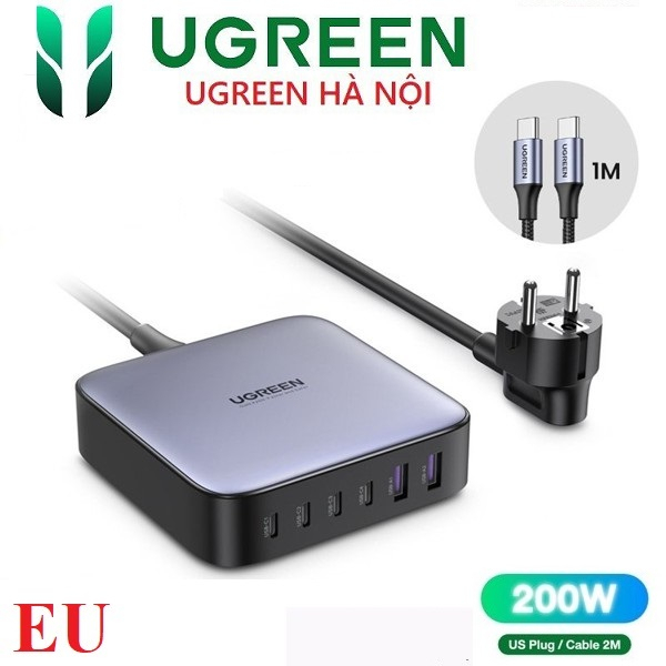 Củ sạc nhanh 200W Cao Cấp Ugreen 40913 40914 CD271 ( 6 in 1) USB C x 4 và 2 USB - A Chính Hãng+dây USB C 1M cao cấp