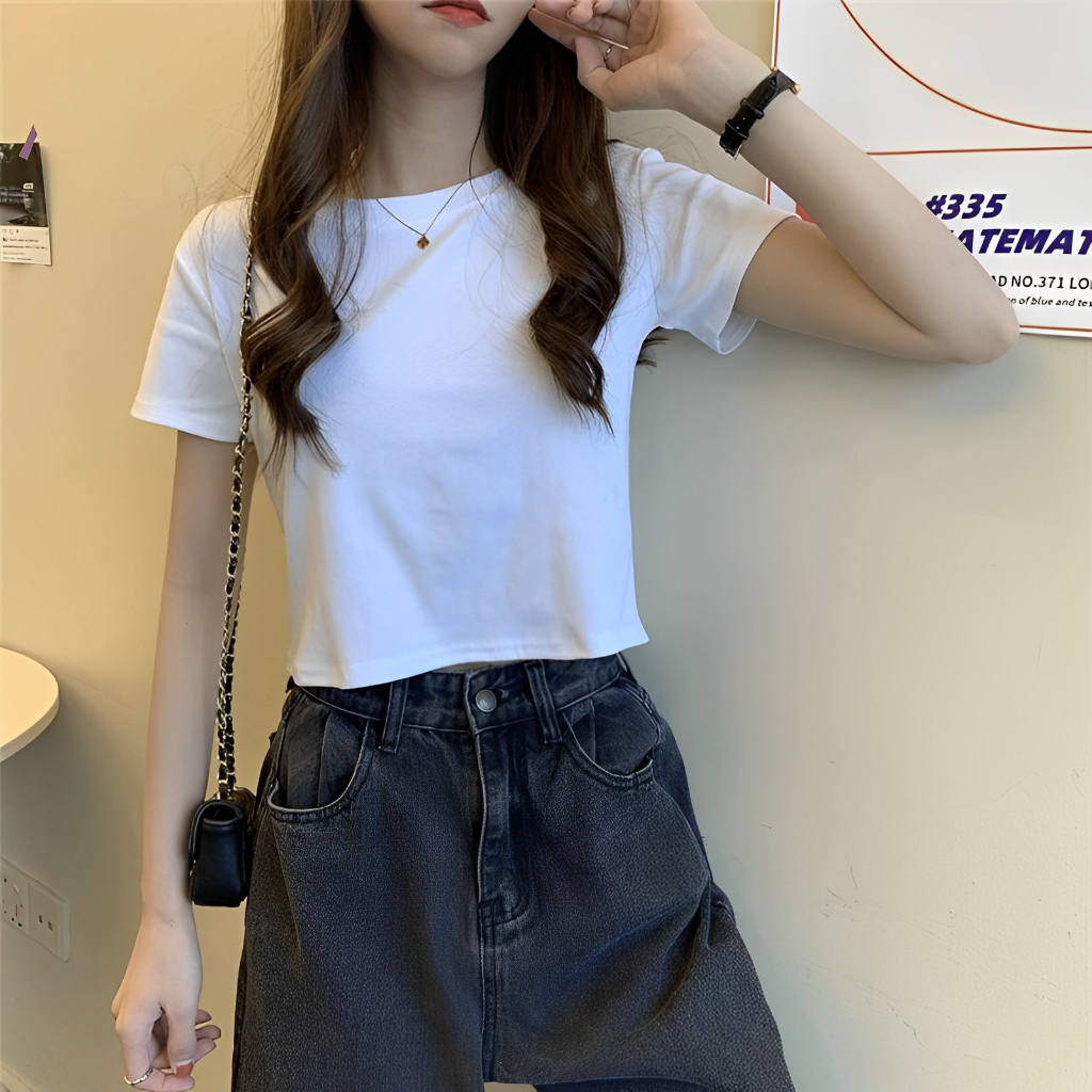 Áo croptop ngắn tay cổ tròn dáng ôm MADELA thun bozzip dày dặn, croptop cổ tròn ôm tay ngắn trơn phong cách trẻ Hàn Quốc