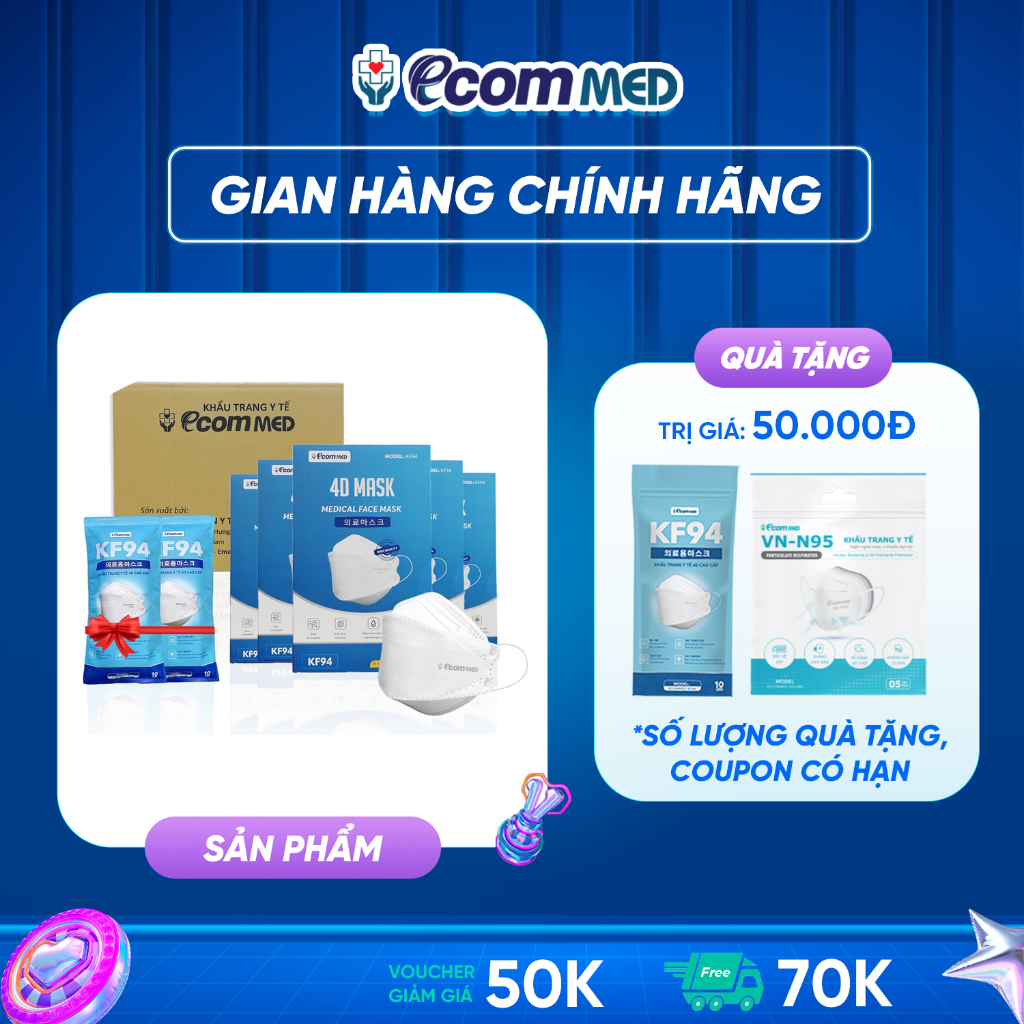 Combo 5 Hộp Khẩu Trang KF94 EcomMed (Hộp 30 cái) - Tặng Thêm 2 Bịch 10 cái - Đạt chuẩn FDA Hoa Kỳ