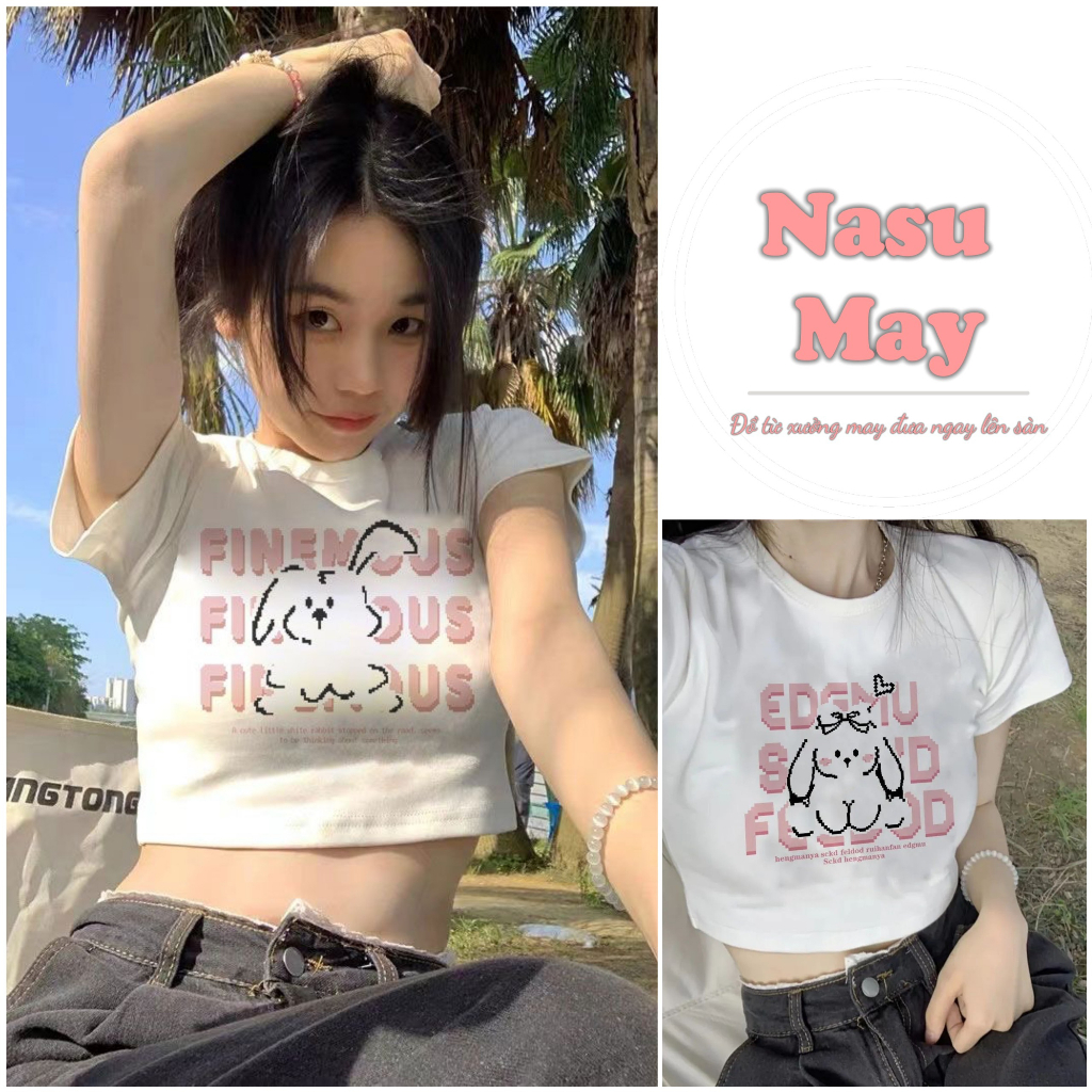 Áo croptop thỏ finemous xinh xắn Tay ngắn cổ tròn form ôm body