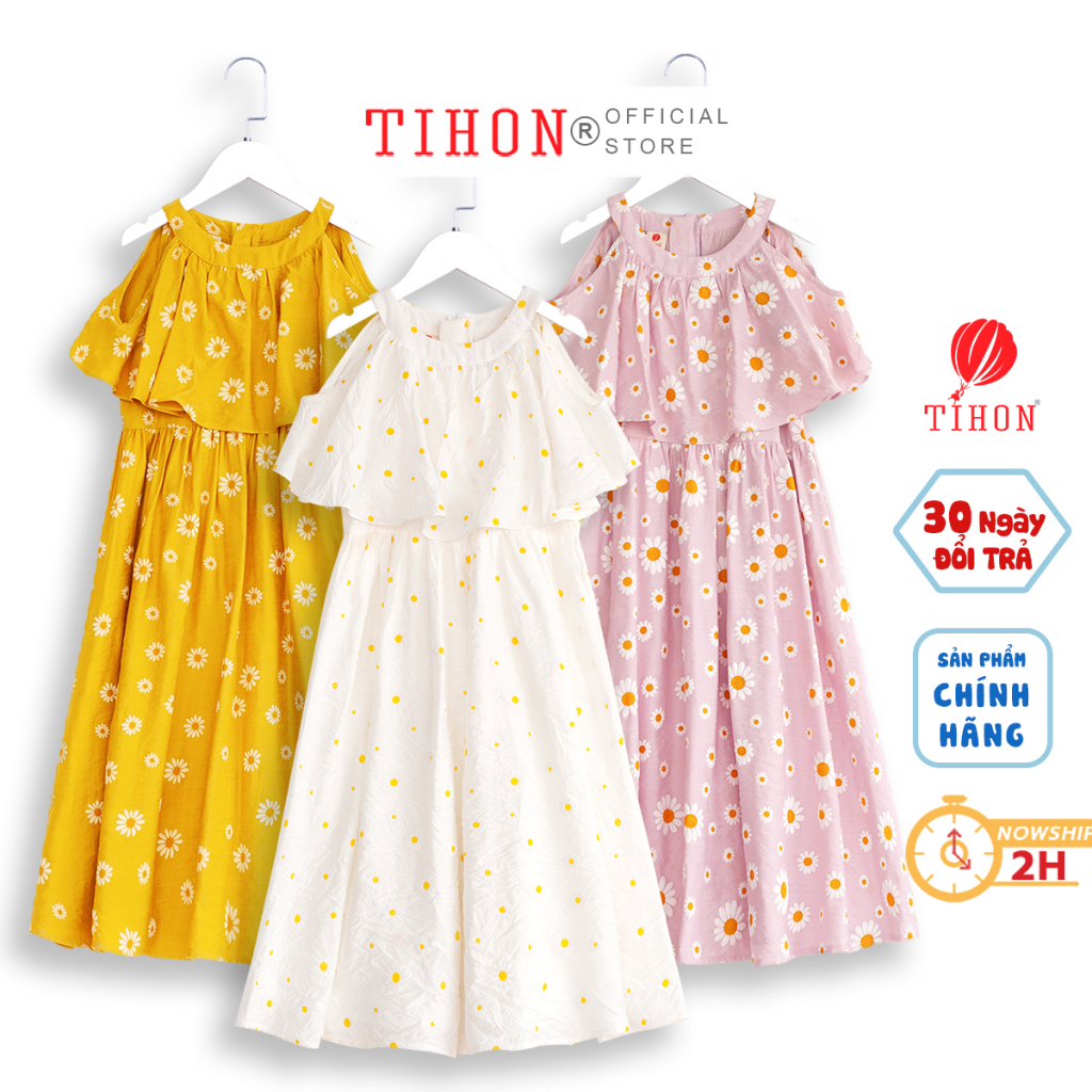 Váy cho bé gái TIHON hở vai ba màu phong cách Hàn Quốc siêu mềm mát VT0750382
