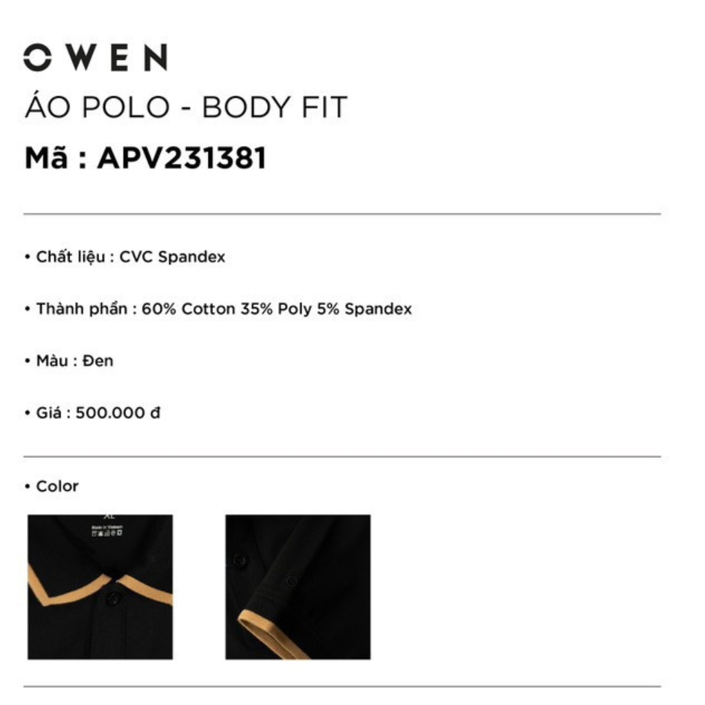 Áo thun nam có cổ bẻ polo OWEN APV231381 phông ngắn tay hàng hiệu cao cấp dáng body fit màu đen vải cotton mềm mát