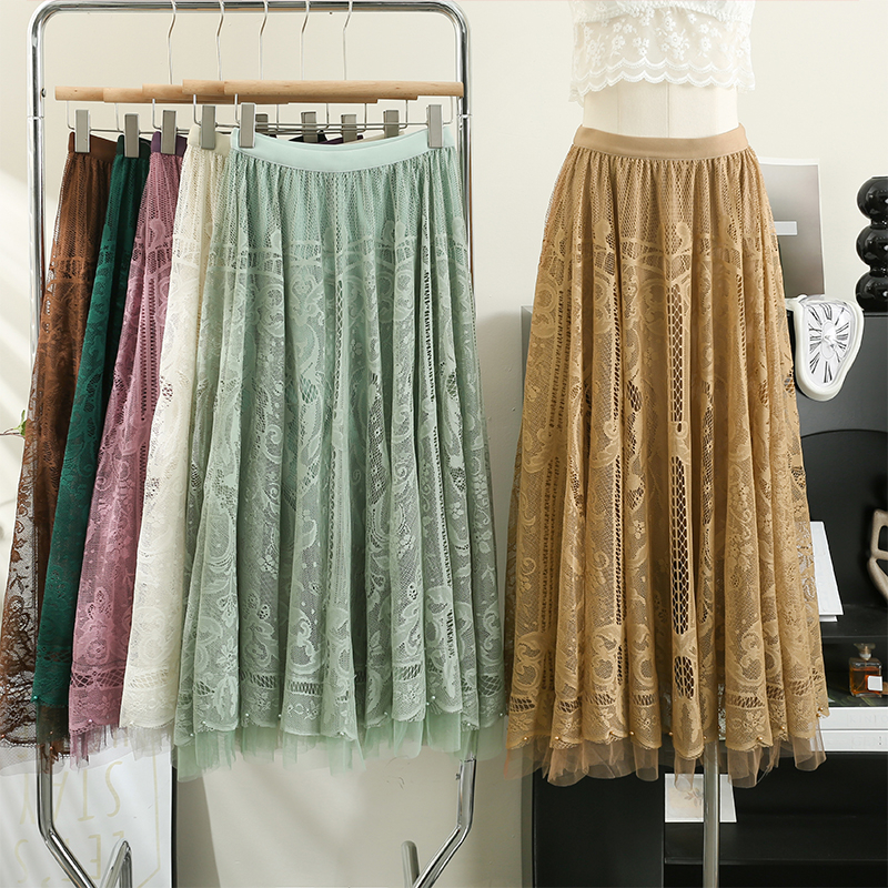 Chân Váy Nữ Midi Dáng Dài Trơn Ren Lưới Cạp Chun CV27 Hàng Quảng Châu