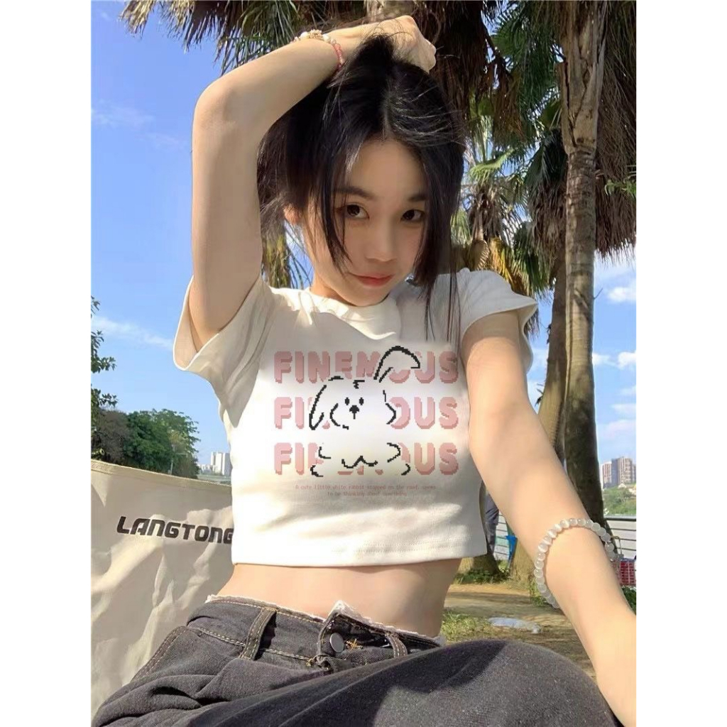 Áo croptop thỏ finemous xinh xắn Tay ngắn cổ tròn form ôm body
