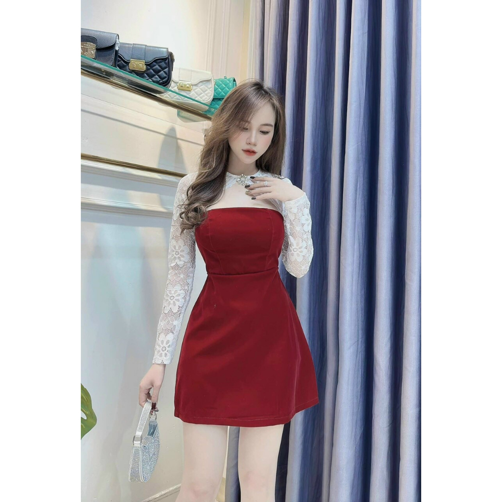 Đầm đi tiệc, đầm tiều thư dáng chữ A cúp ngực phối tay ren, đầm dài tay chất umi 2 màu đỏ đen đi tiệc sang trọng mtb