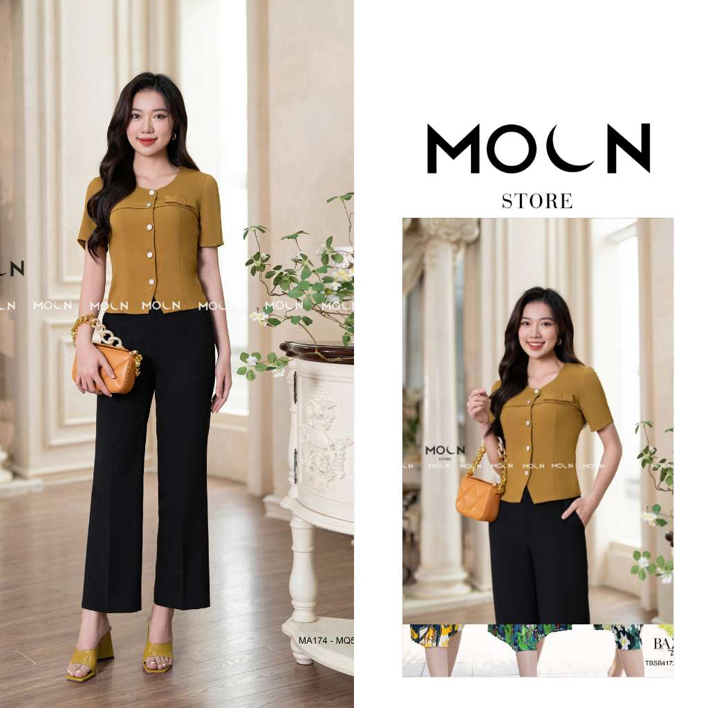Set quần áo công sở, áo sơ mi cổ tròn dáng ngắn mix quần tây đen suông MA174-MQ517 Moon