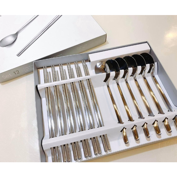 Set 12 đũa thìa inox Bộ Đồ Dùng Ăn Uống Thép Không Gỉ Cho Gia Đình, Văn Phòng, Dã Ngoại, Cá Nhân Có Hộp Đựng
