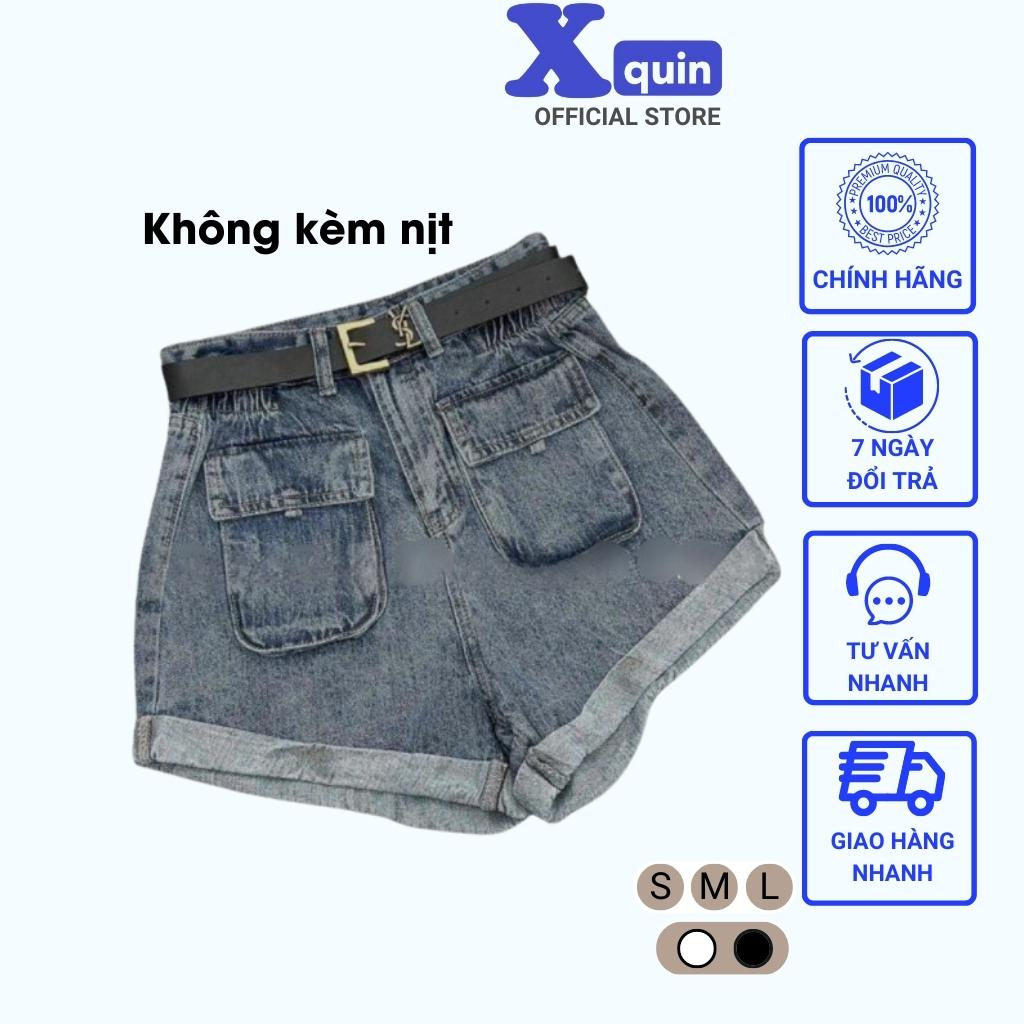 Quần short jeans nữ lật lai phối túi hộp Xquin, Quần đùi jeans nữ túi trước chun sườn không kèm đai