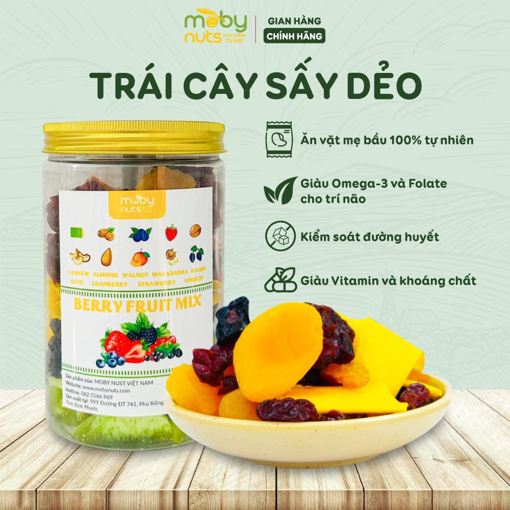 Trái cây sấy dẻo không đường MobyNuts Mix Fruits 6 loại gồm mơ, xoài sấy, nho khô, việt quất, dâu tây, bưởi