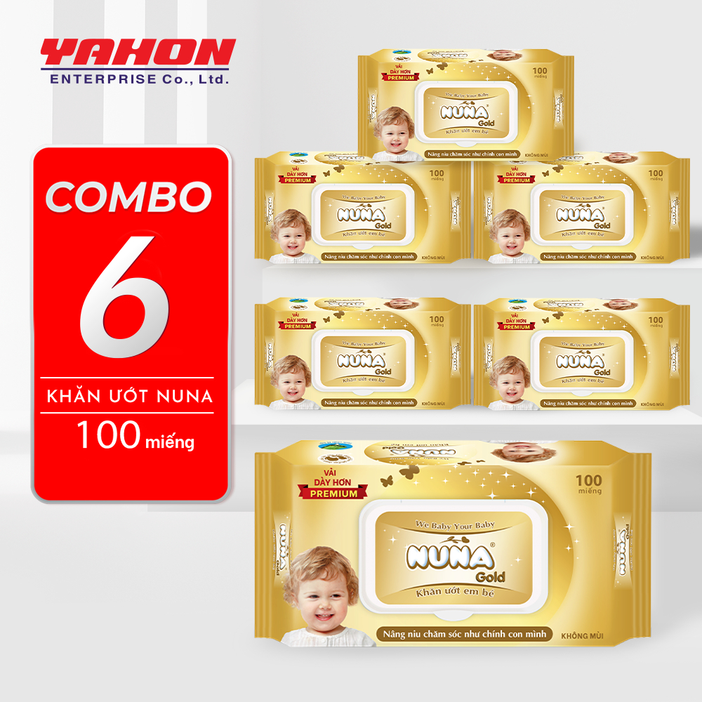 Combo 6 Bao Khăn Uớt Em Bé NUNA Gold 100 MIếng/Bao Không Mùi