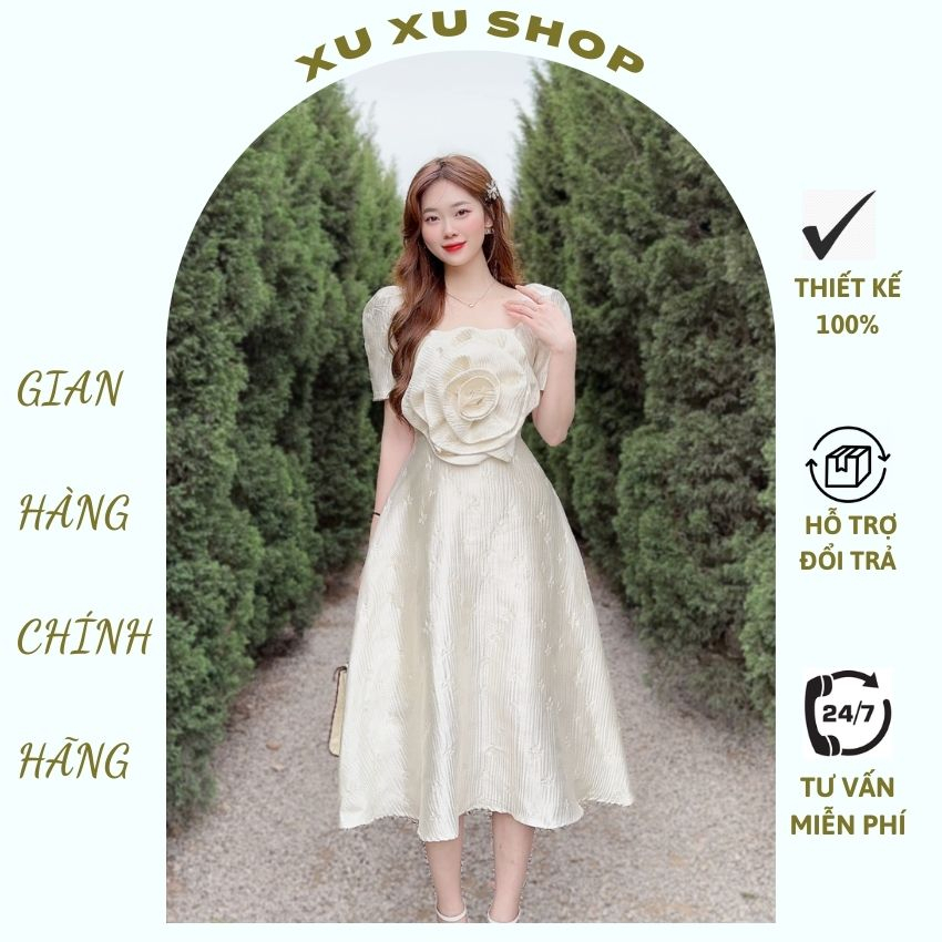 Đầm dự tiệc Tafta quấn hoa cực sang - XU XU SHOP - Váy nữ thiết kế hàng cao cấp cổ vuông chuẩn hình - ẢNH THẬT