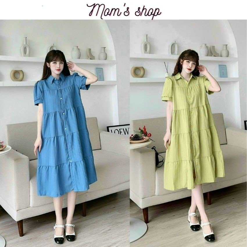 Đầm bầu công sở cổ sơ mi chất gân tăm bền đẹp - Mom's Shop - Váy dáng suông cho bà bầu cực xinh - ẢNH THẬT