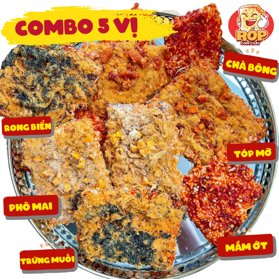 COMBO 5 VỊ CƠM CHÁY Trứng muối-Tóp mỡ-Chà bông-Rong biển-Mắm ớt - GẠO ST25 - RỐP