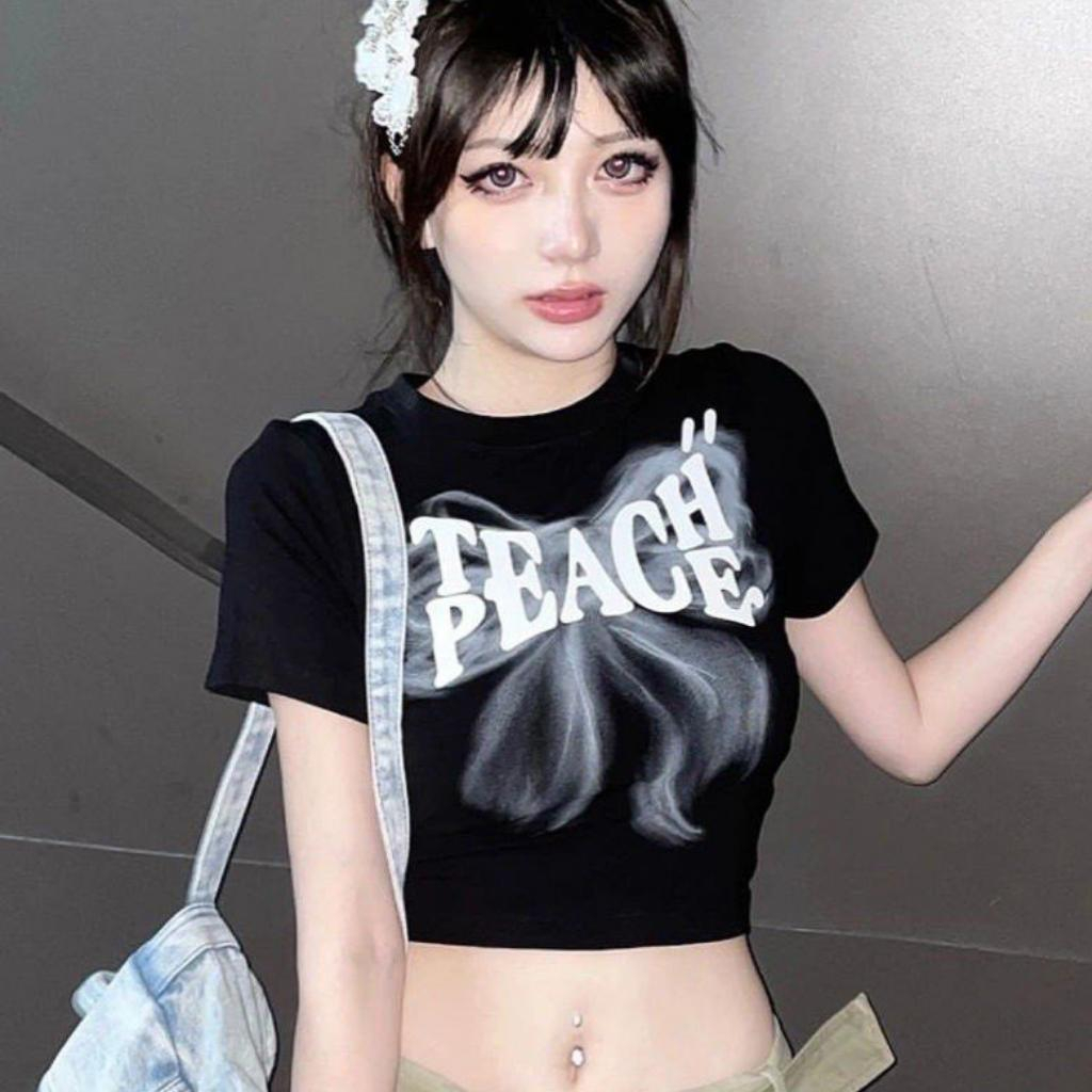 Áo croptop nữ ngắn tay cổ tròn in hình loang màu Xquin, Áo kiểu nữ dáng ôm body in hoạ tiết chất thun cotton dày dặn