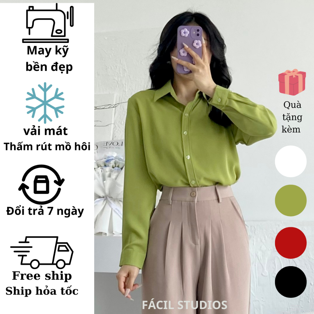 Áo sơ mi nữ màu xanh lá công sở, dài tay, dáng rộng kiểu Hàn Quốc chất vải mềm mát