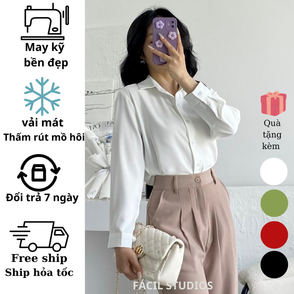 Áo sơ mi nữ màu trắng công sở, dài tay, dáng rộng kiểu Hàn Quốc chất vải mềm mát