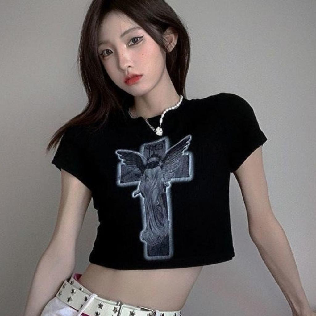 Áo croptop nữ ngắn tay cổ tròn in hình loang màu Xquin, Áo kiểu nữ dáng ôm body in hoạ tiết chất thun cotton dày dặn
