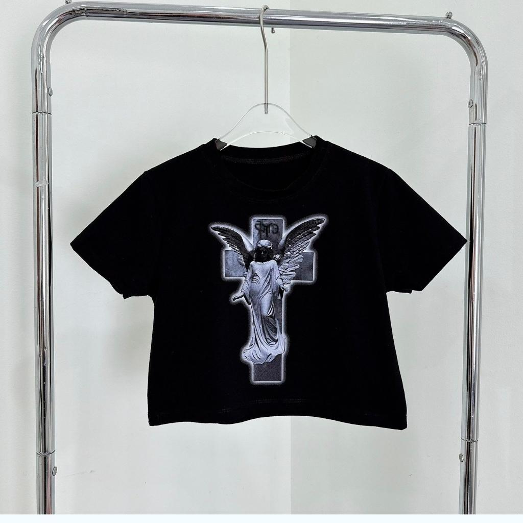 Áo croptop nữ ngắn tay cổ tròn in hình loang màu Xquin, Áo kiểu nữ dáng ôm body in hoạ tiết chất thun cotton dày dặn