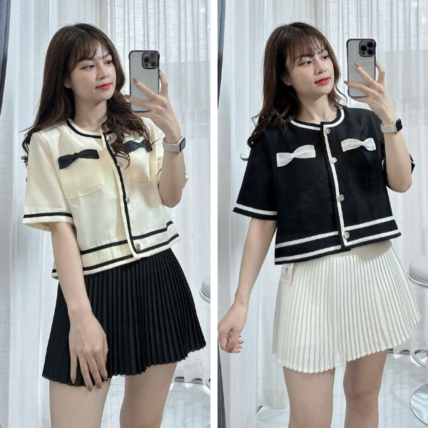Áo sơ mi nữ tay ngắn, Áo sơ mi kiểu dáng lỡ cộc tay pha viền 2 nơ cách điệu Cimie Closet