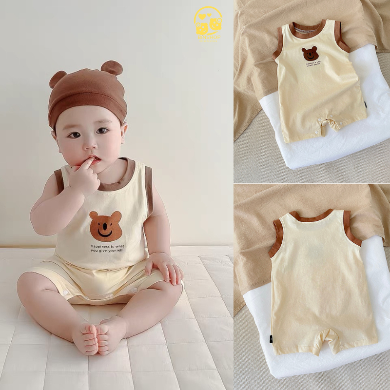 Bộ sát nách bé trai bé gái Hình Gấu dễ thương, bodysuit cho bé chất Thun lạnh mềm mát quần áo cho bé sơ sinh 0-12 tháng