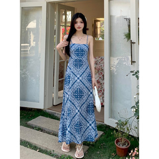 Váy đan lưng Boho Vintage (sẵn) Đầm maxi 2 dây phom ôm eo Đầm maxi hoa nhí vintage váy maxi đi biển sexy midi hở lưng