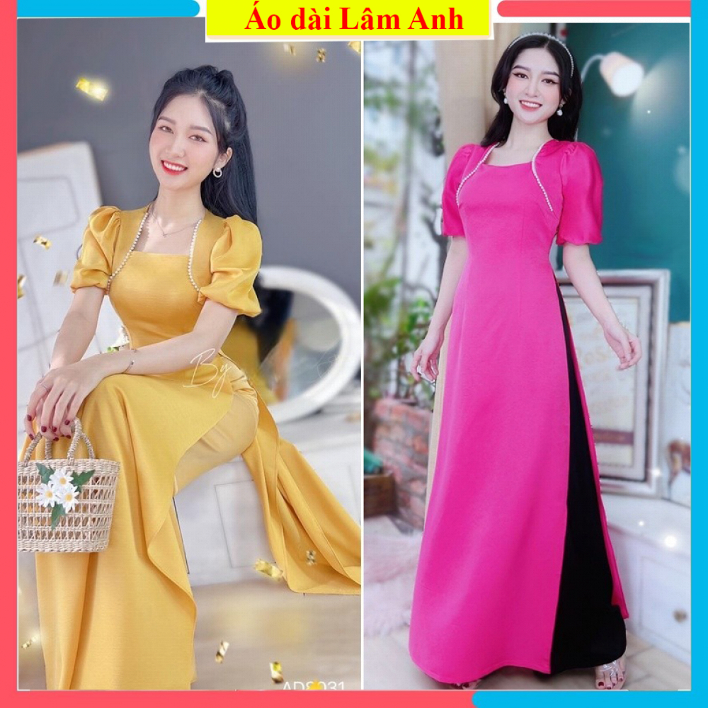 Áo dài cách tân nữ cổ vuông đính hạt tay bồng lụa Tây thi cao cấp nhiều màu- Áo dài nữ cách tân Lâm Anh