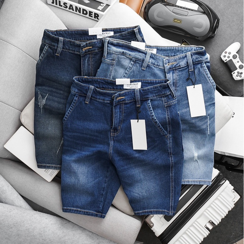 Quần short jean nam túi đứng cổ điển ngang gối slim co giãn chất bò xịn