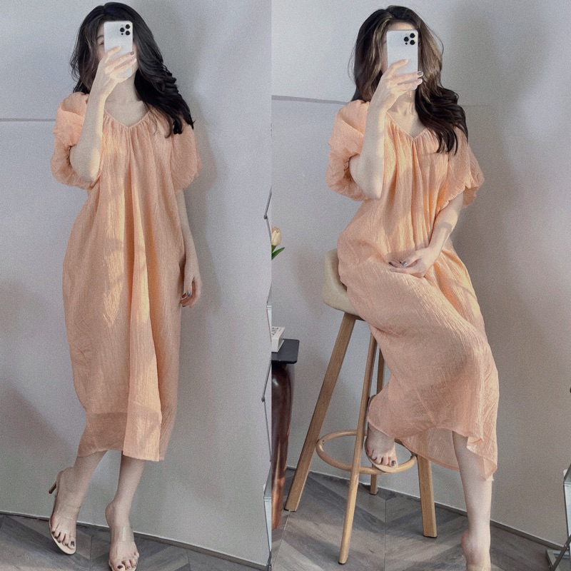 Đầm maxi tay phồng cổ v Đầm Lửng Tay Phồng Cổ V Phong Cách Hàn Quốc Thời Trang Mùa Hè Váy suông dài cam sữa tiểu thư