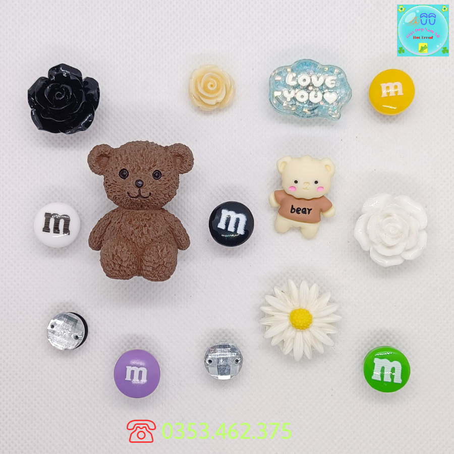 Bộ Sticker Gấu Teddy Trắng Trang Trí Dép Cross Sticker, Jibbitz, Charm 3D Trang Trí Dép Sục, Gắn Dép Cross Sẵn Nút Gắn