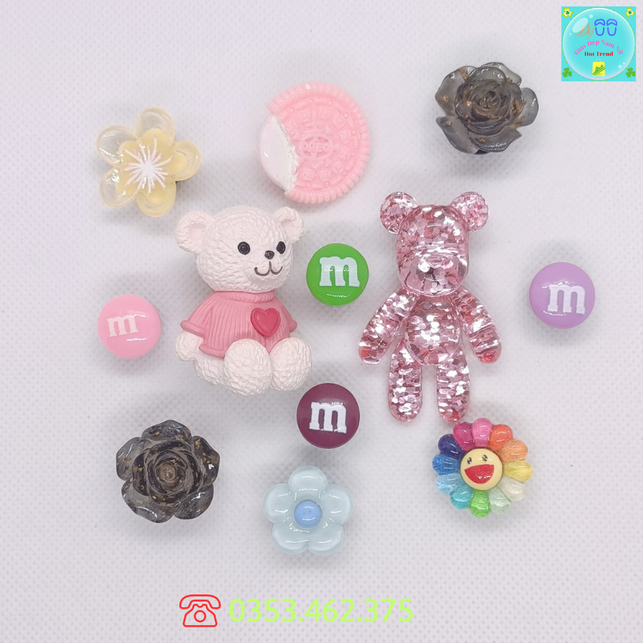 Bộ Sticker Gấu Teddy Trắng Trang Trí Dép Cross Sticker, Jibbitz, Charm 3D Trang Trí Dép Sục, Gắn Dép Cross Sẵn Nút Gắn