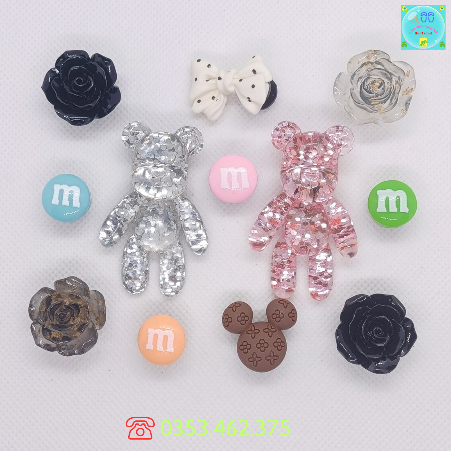 Bộ Sticker Gấu Teddy Trắng Trang Trí Dép Cross Sticker, Jibbitz, Charm 3D Trang Trí Dép Sục, Gắn Dép Cross Sẵn Nút Gắn