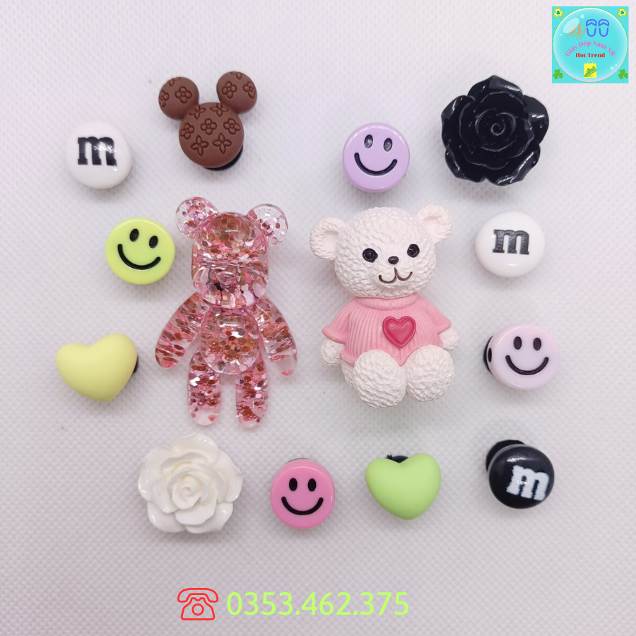 Bộ Sticker Gấu Teddy Trắng Trang Trí Dép Cross Sticker, Jibbitz, Charm 3D Trang Trí Dép Sục, Gắn Dép Cross Sẵn Nút Gắn