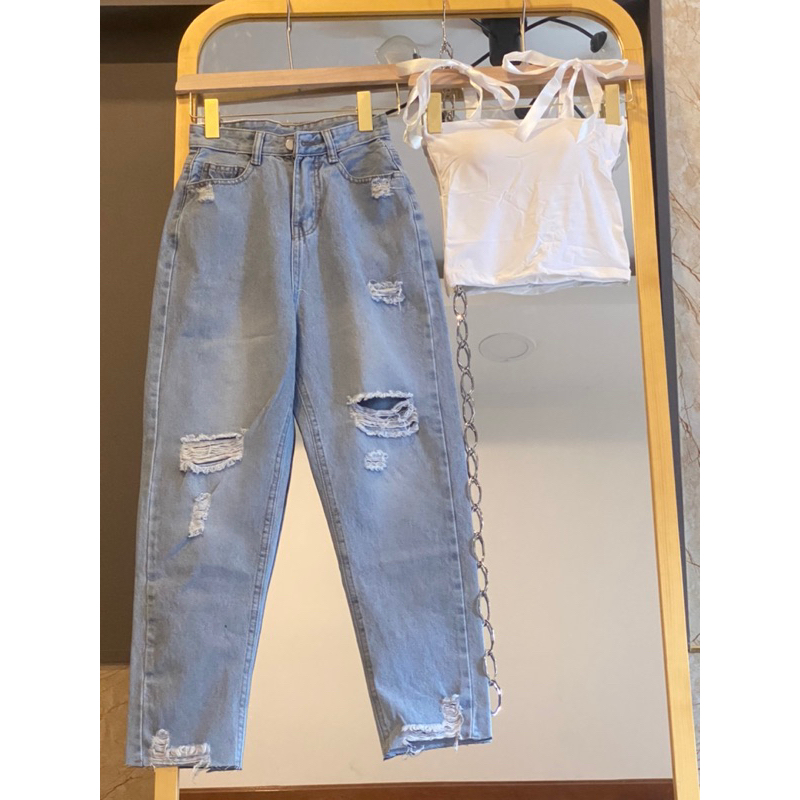 Set baggy jeans xanh rách + 2 dây ruy băng ( có đệm ngực)