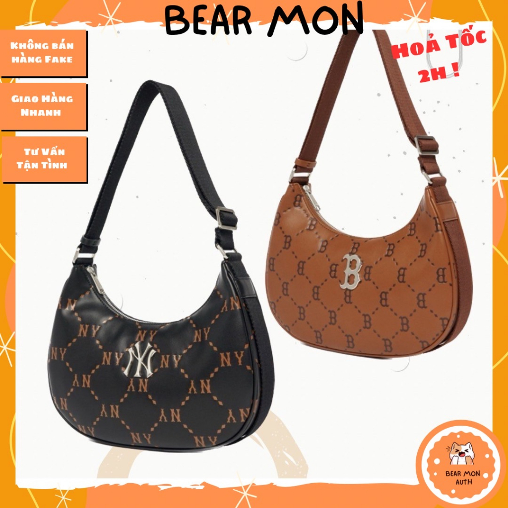 Túi MLB Diamond Monogram PU Embossed Large Hobo Bag Boston Red Sox 3Abql012N Màu Nâu và màu đen