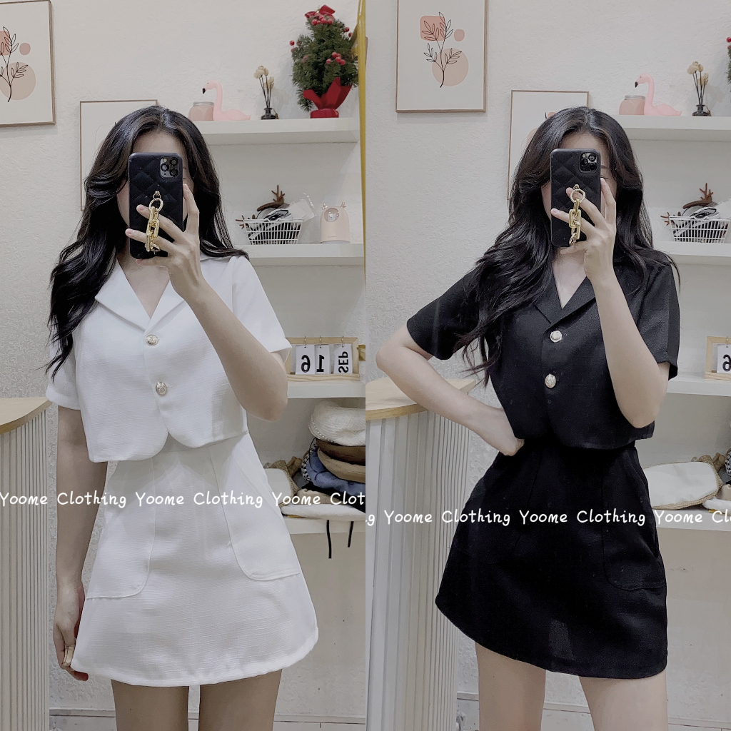 Set linen cổ K chân váy chữ A có quần yoome clothing