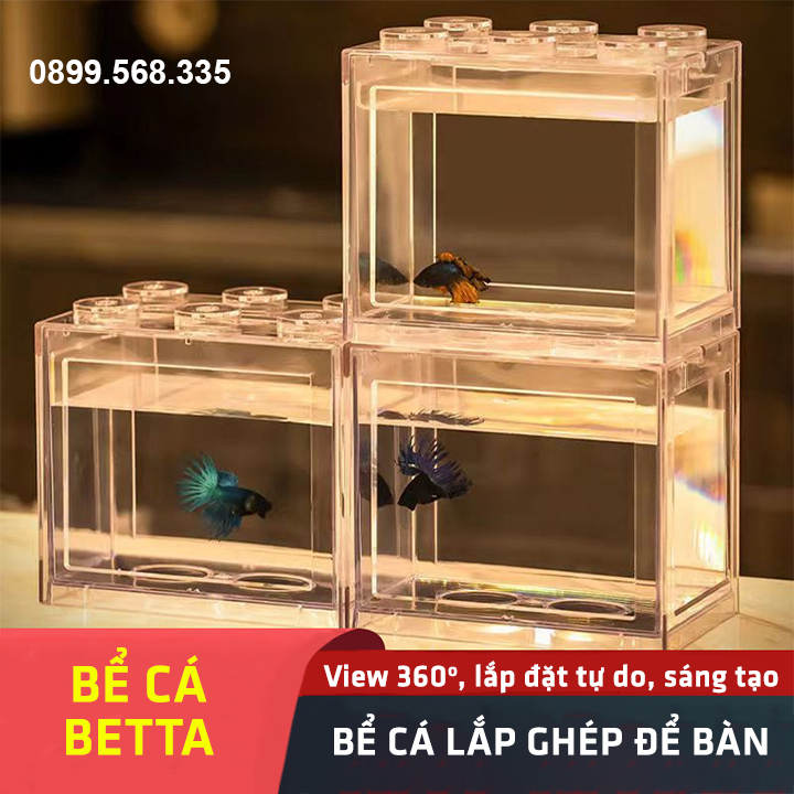 Bể cá cảnh mini hình khối lắp ráp bằng nhựa, Chậu nuôi cá Betta có đèn led trang trí nhập khẩu.