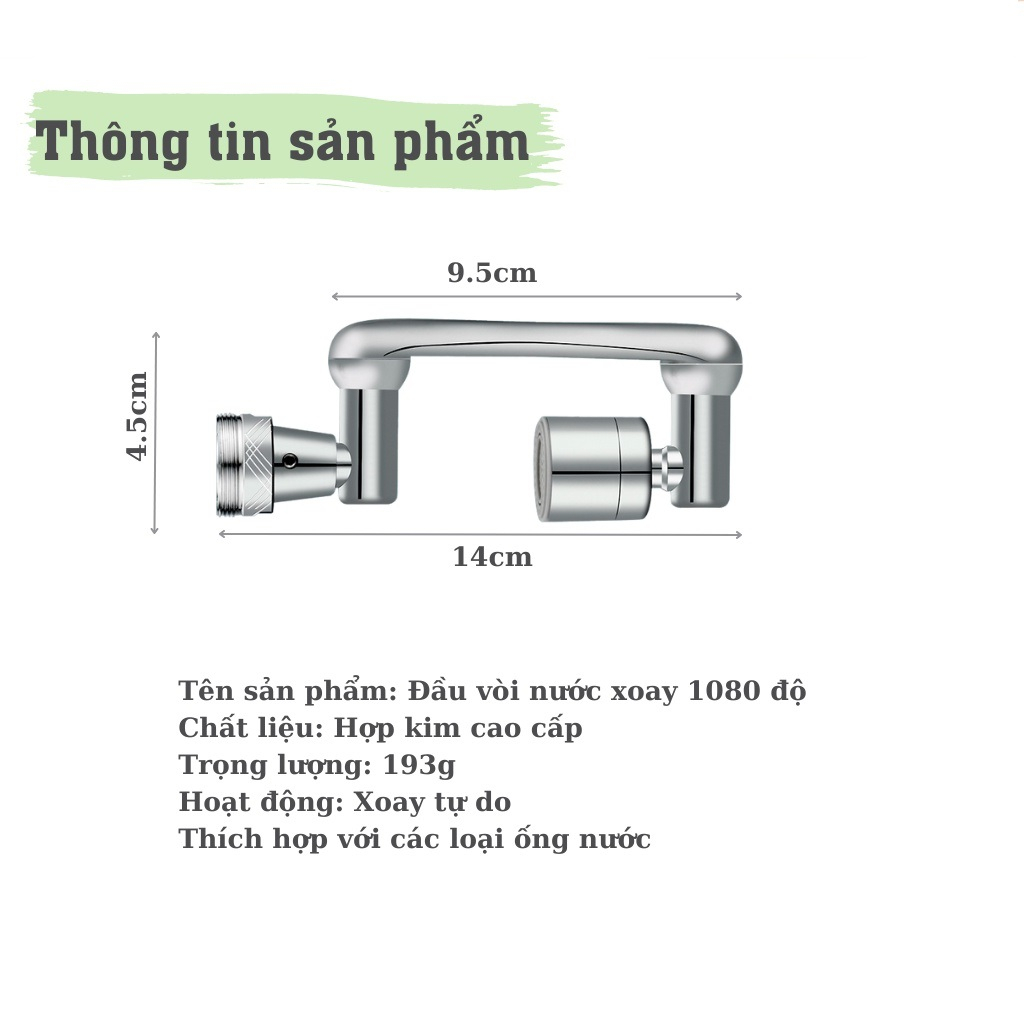 Đầu Vòi Nước Inox Xoay 1080 Độ Đa Năng Lắp Bồn Rửa Mặt Rửa Bát Cao Cấp