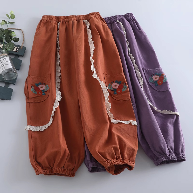 (Hàng order) Quần thô viền bèo thêu hoa dọc