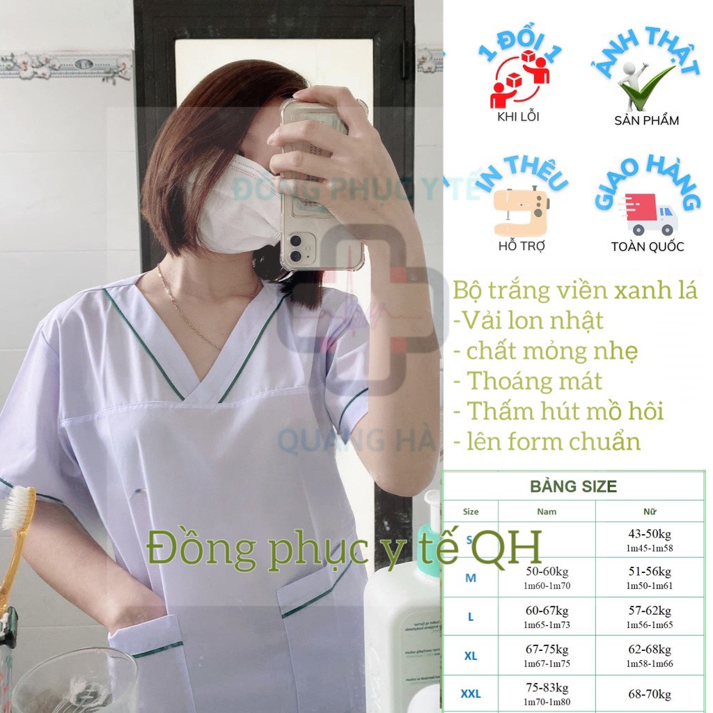 Bộ Scrubs Trắng viền Xanh lá vải lon nhật - bác sĩ, blouse cổ tim, đồng phục điều dưỡng, spa, thẩm mỹ viện, dược sĩ .