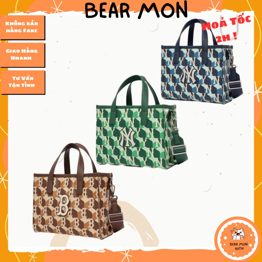 Túi MLB Cube Monogram Small Tote Bag Boston Red Sox 3Aors022N Size Nhỏ Màu Nâu vàng xanh lá xanh dương